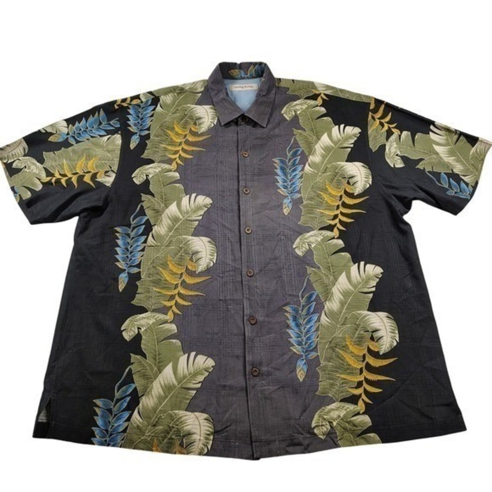 Tommy Bahama Mens XXL 100% Silk‎ Tropical Leaf Print Camp Shirt Charcoal Blue